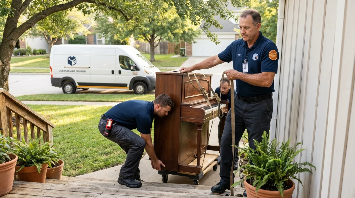 Licensed piano movers securing grand piano in Bay Minette, AL