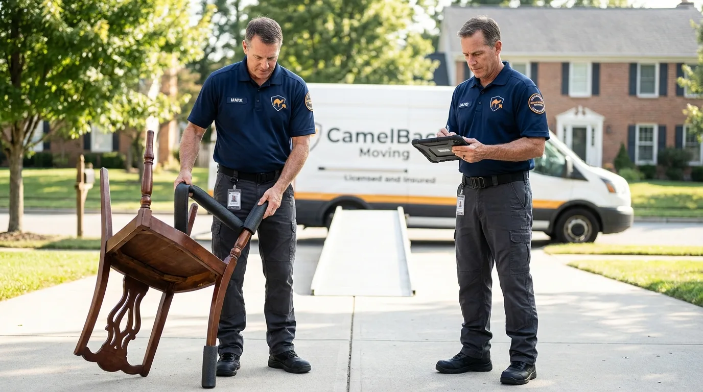 Movers inspecting furniture for damage prevention before loading in Bay Minette, AL