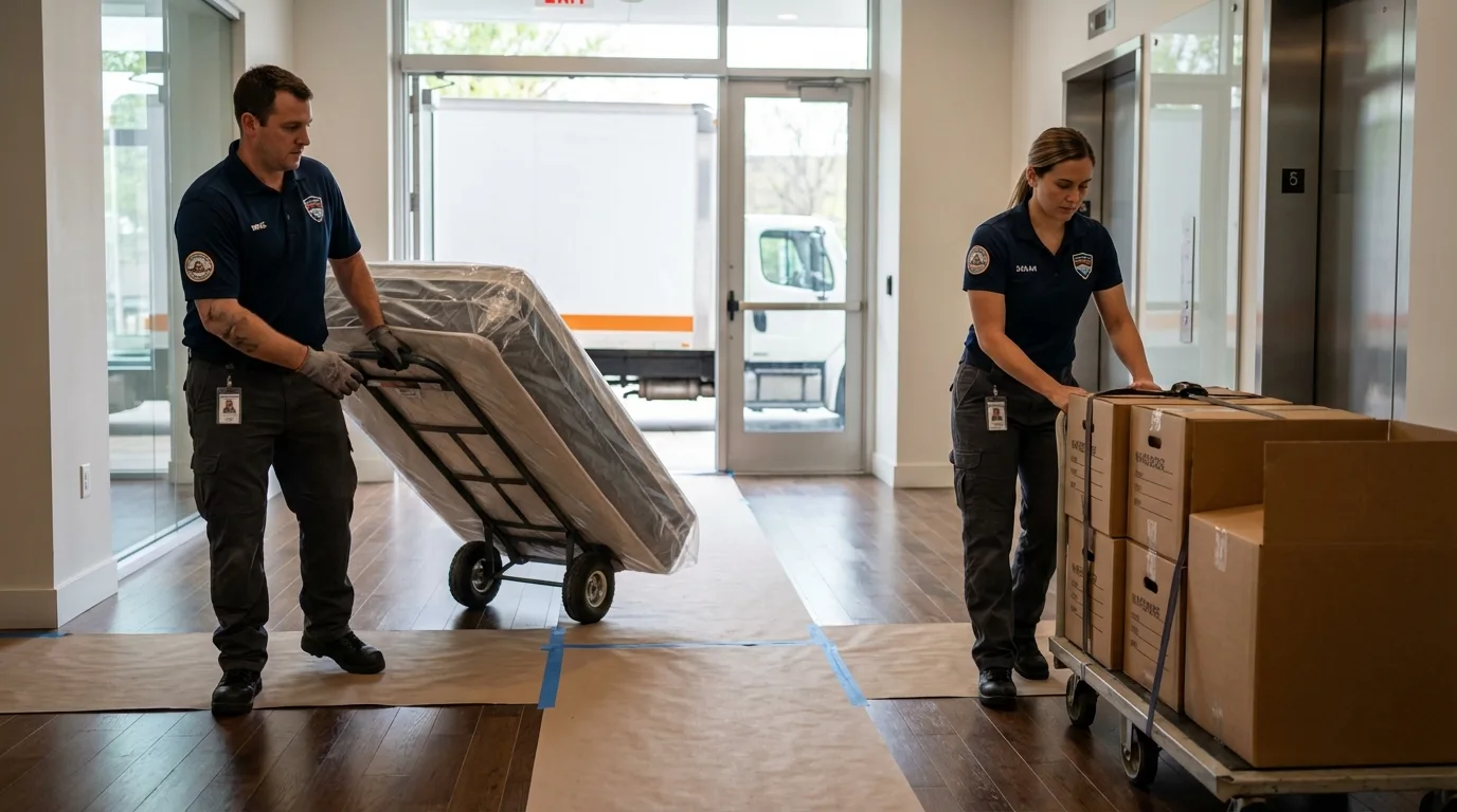 Professional apartment movers loading elevator in Bay Minette, AL